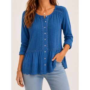 LOGO Lavish Blue Boho Embroidered Peplum Tunic Top Button Front XL